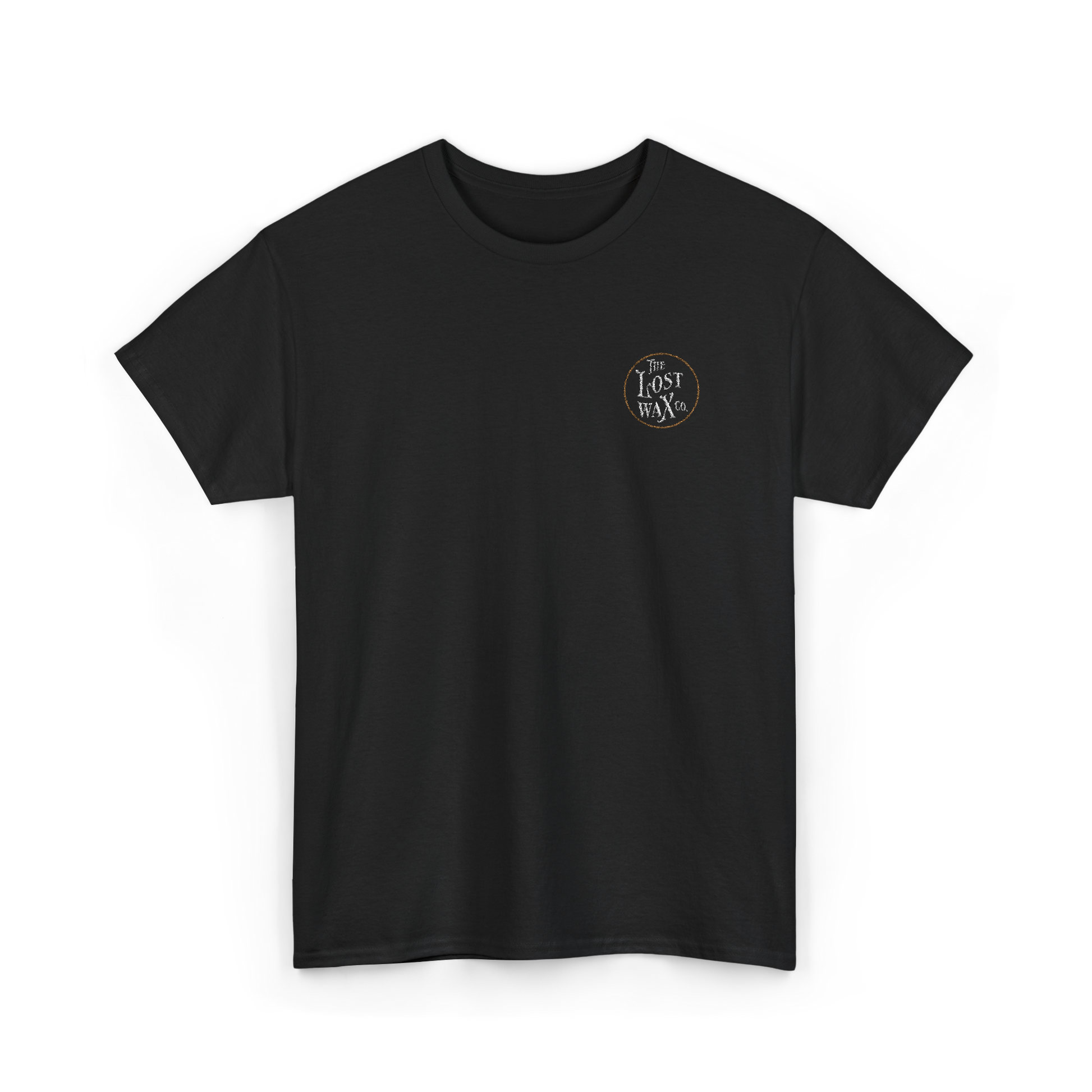 Black t-shirt with a logo on the chest against a white background