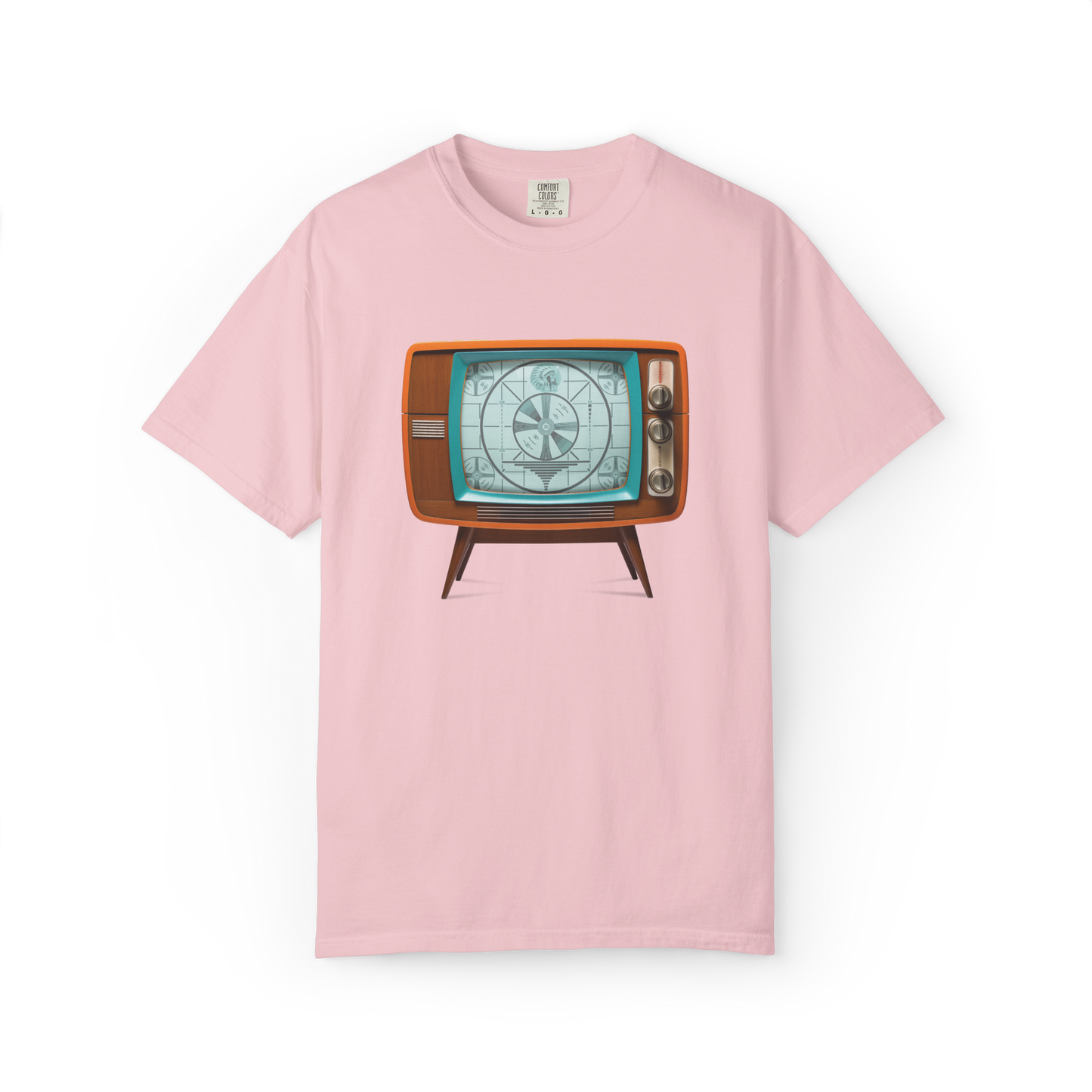 Pink t-shirt with a vintage television graphic on a white background