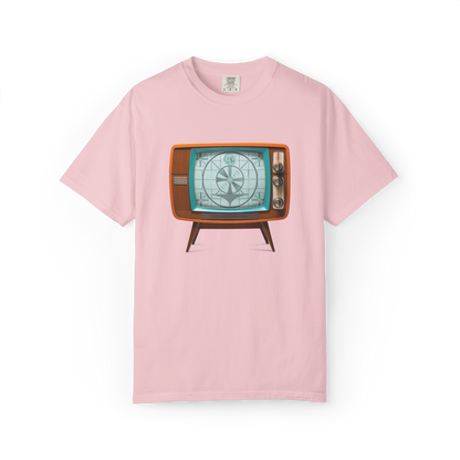 Pink t-shirt with a vintage television graphic on a white background