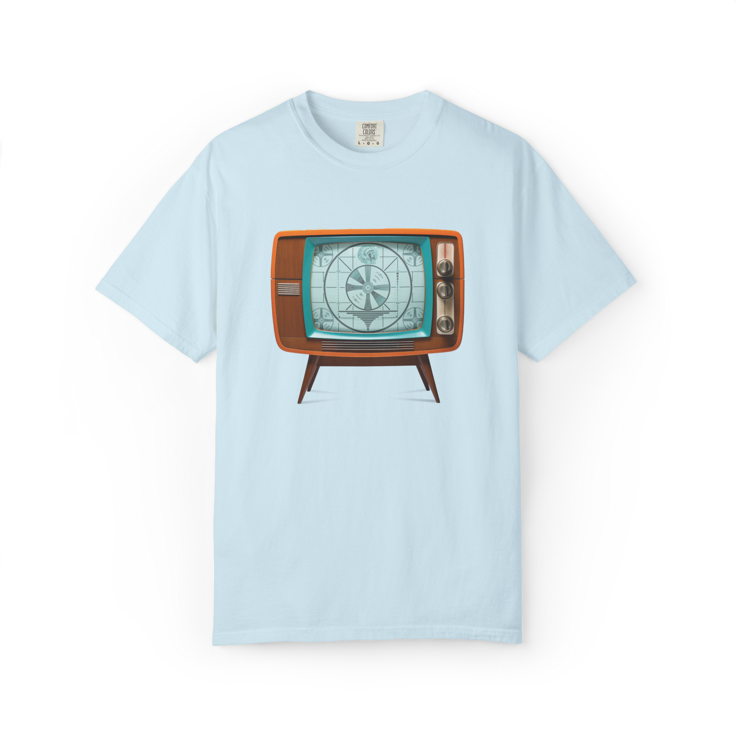 Light blue t-shirt with a retro television graphic on a white background