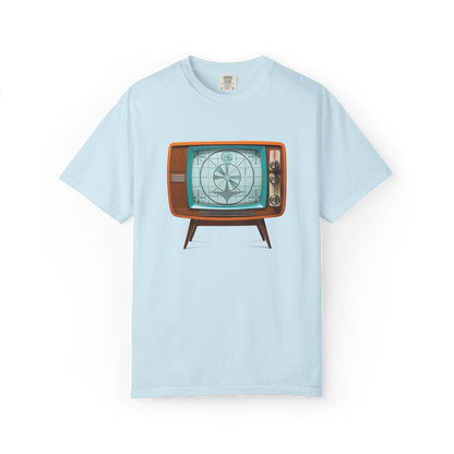 Light blue t-shirt with a retro television graphic on a white background