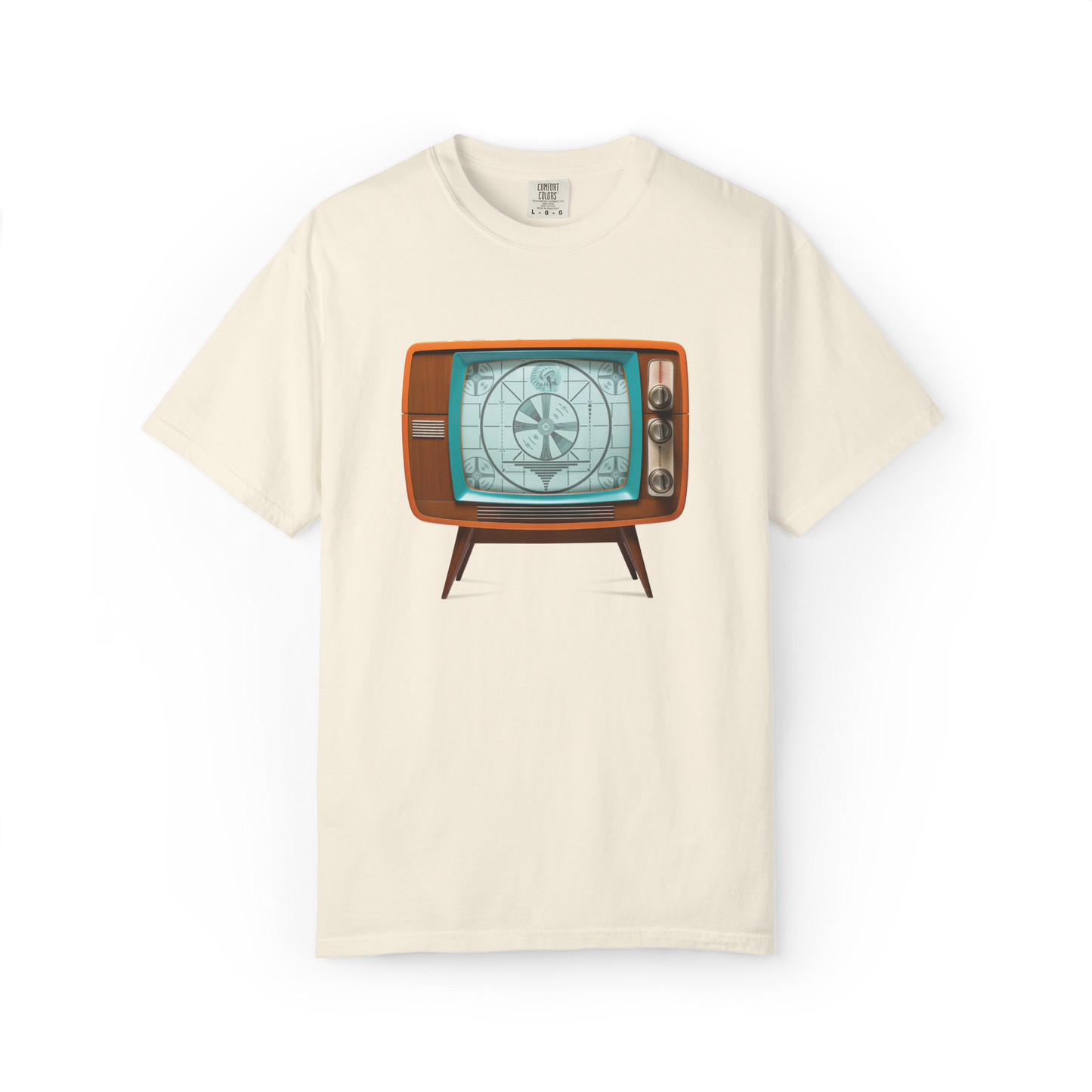 Ivory t-shirt with a retro television graphic on a white background