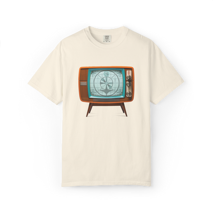 Ivory t-shirt with a retro television graphic on a white background