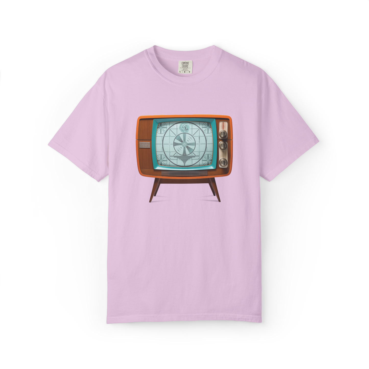 Orchid t-shirt with a vintage television graphic on a white background