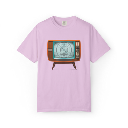 Orchid t-shirt with a vintage television graphic on a white background