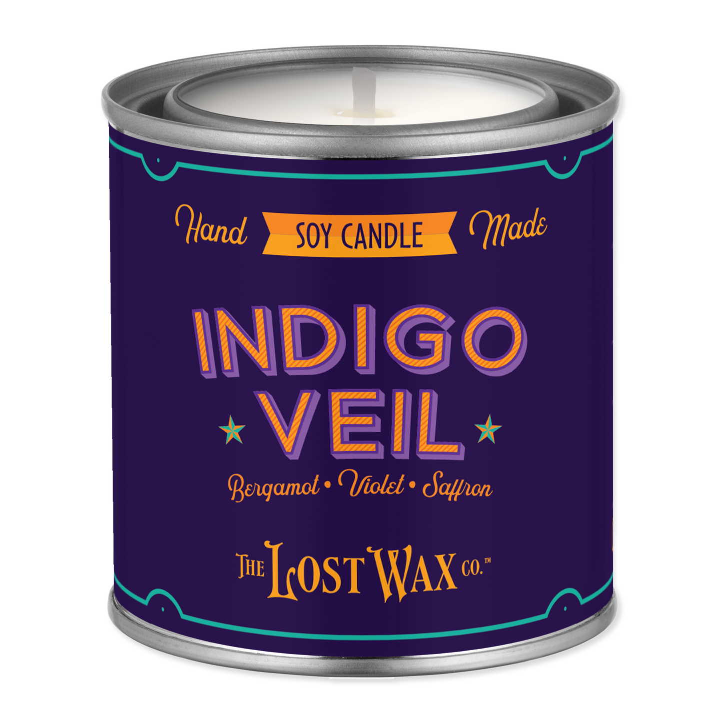 Candle in a purple canister with 'Indigo Veil' branding on a white background