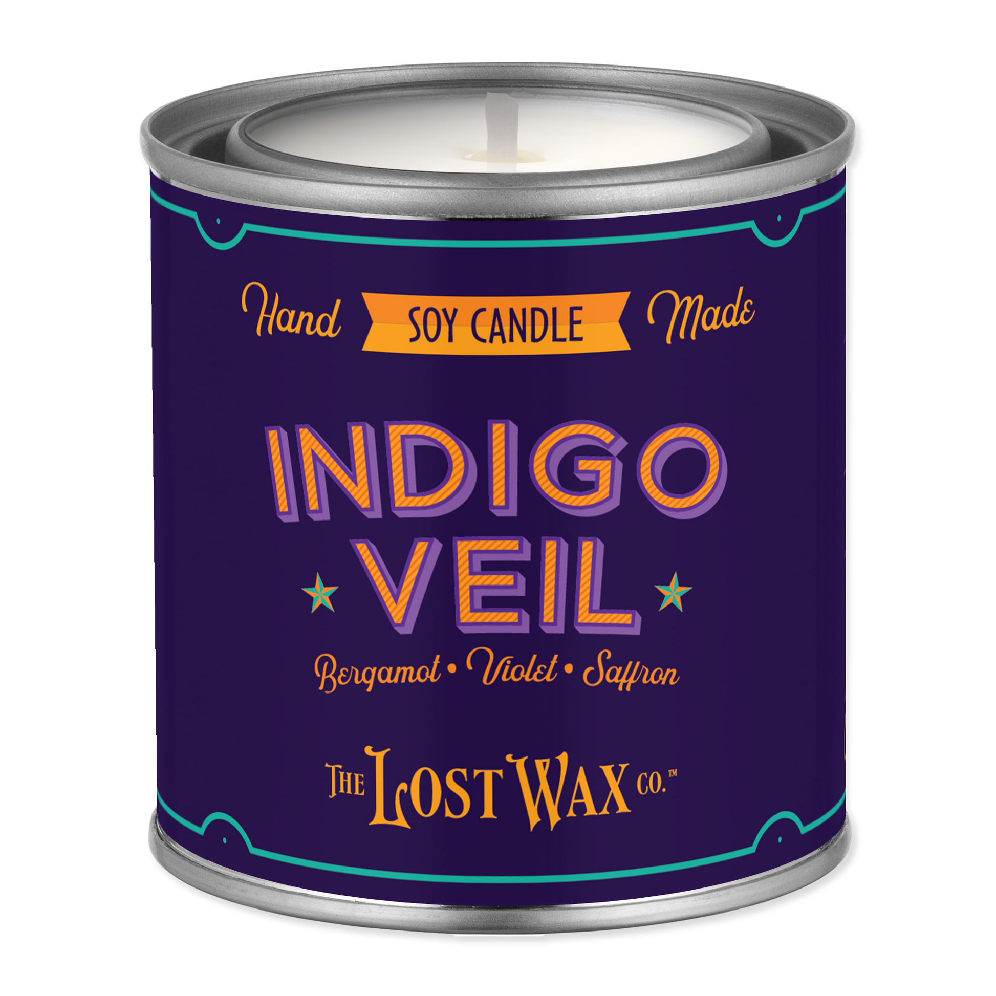 Candle in a purple canister with 'Indigo Veil' branding on a white background