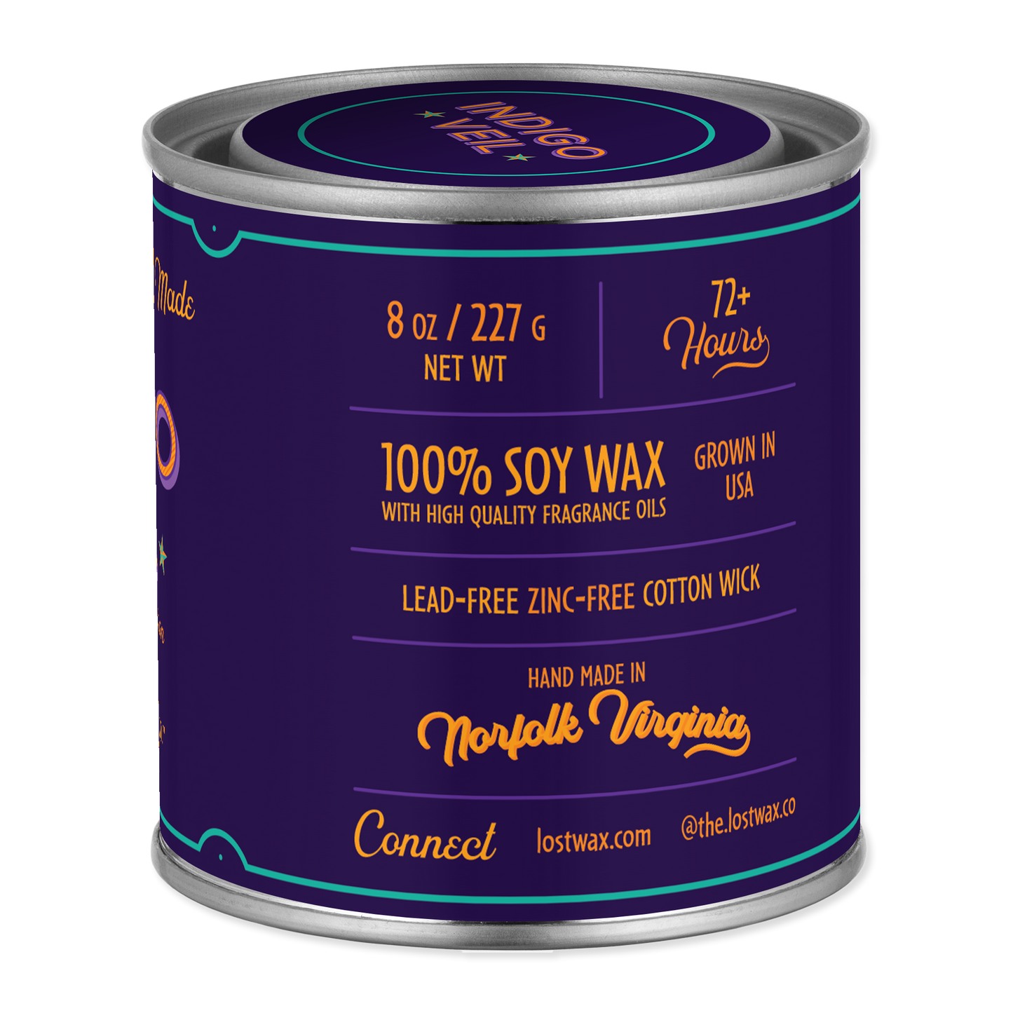 Soy wax candle with branding and product details on a white background