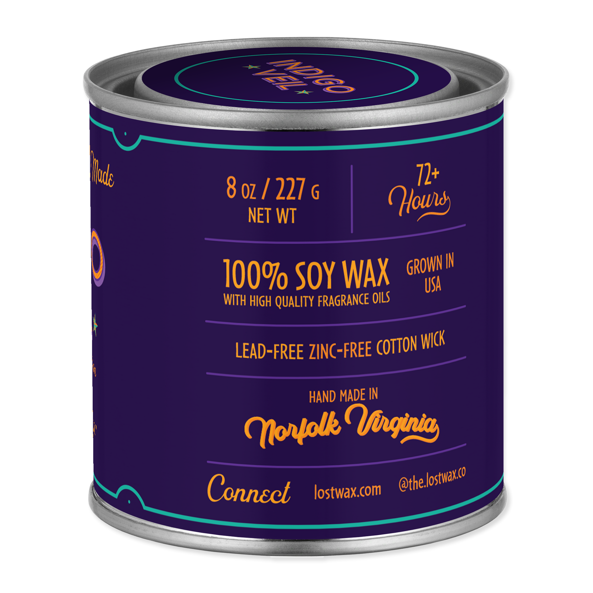 Soy wax candle with branding and product details on a white background