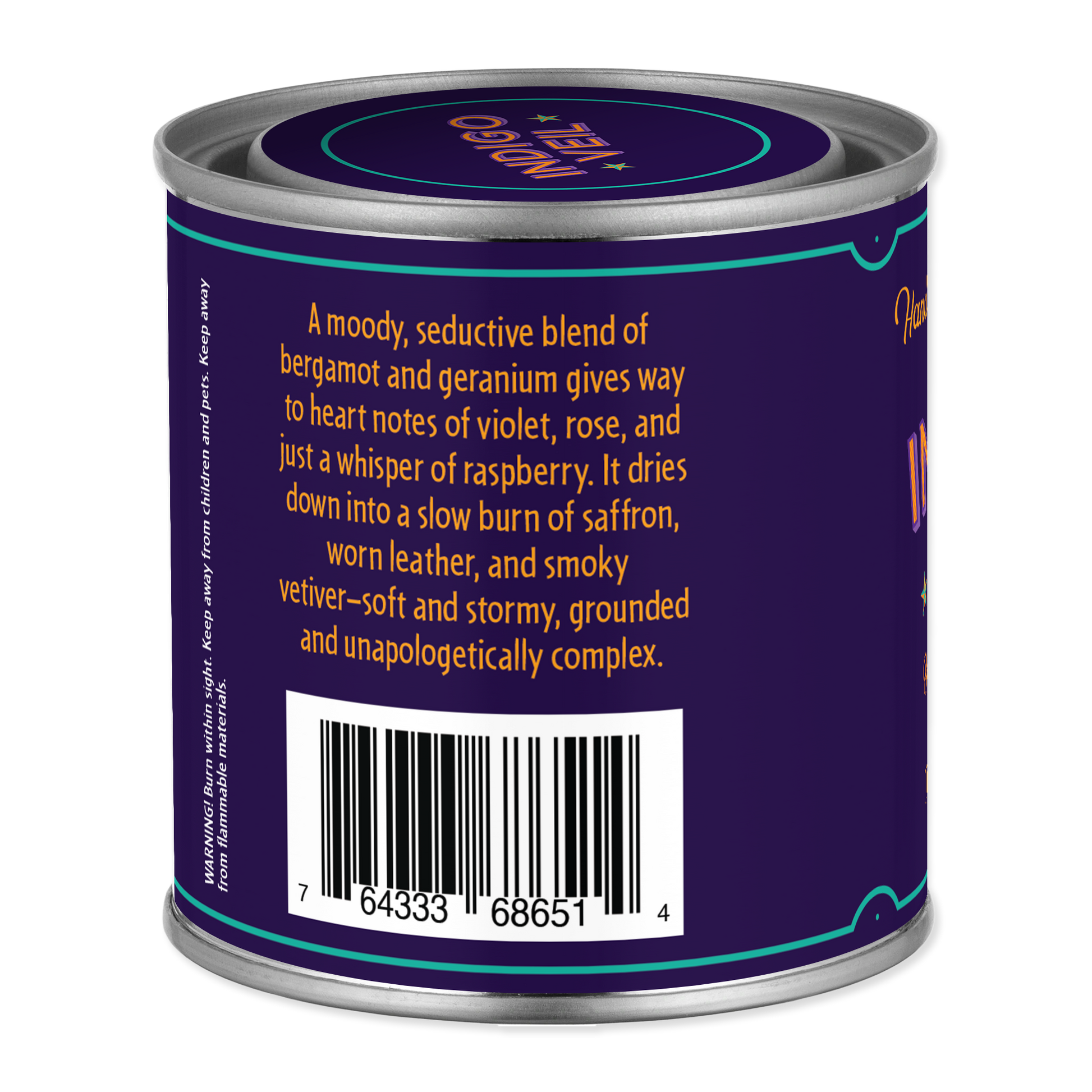 Back of a purple can with text and barcode on a white background