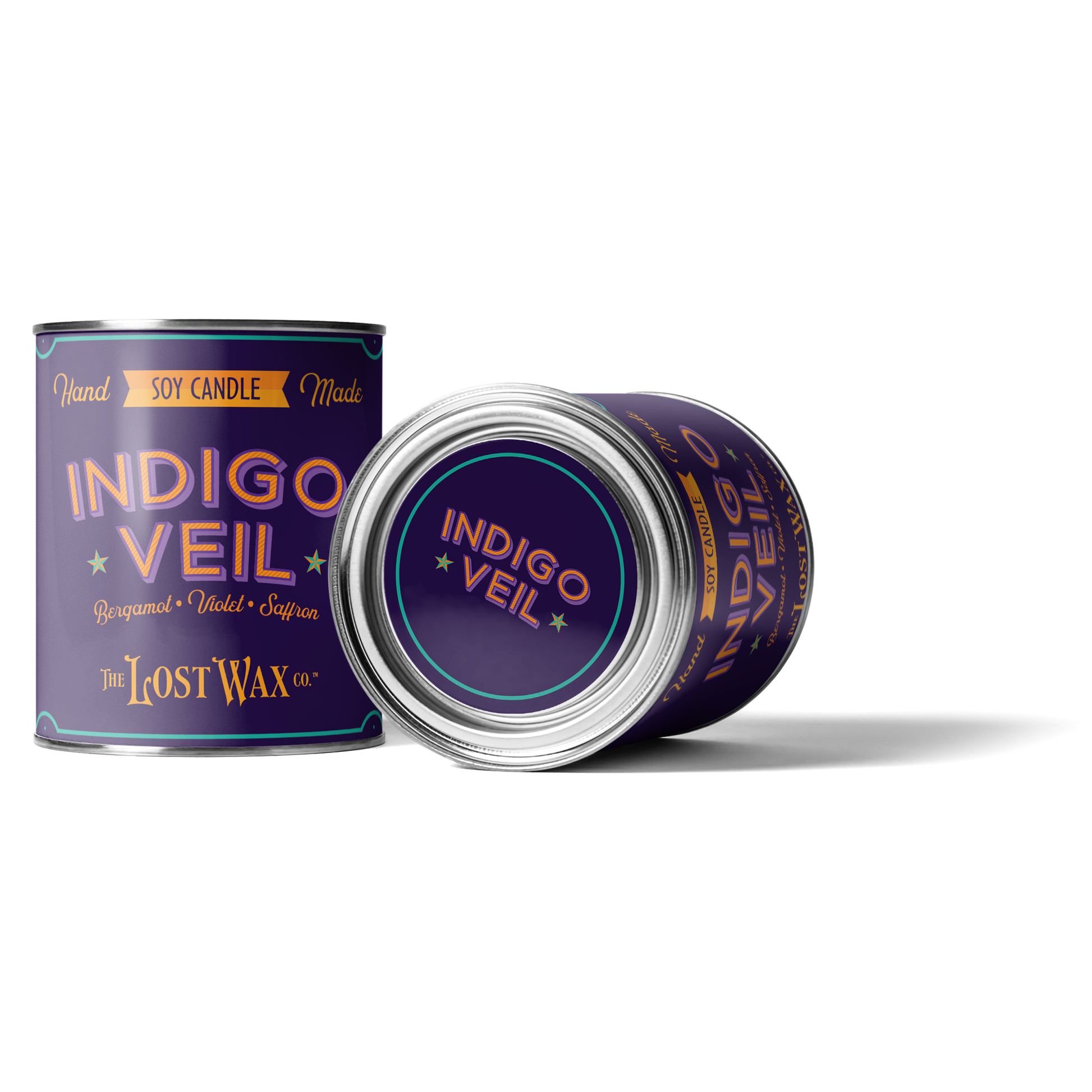 Two half-pint metal paint cans with labels that read "Indigo Veil" Hand Made Soy Wax Candle.
