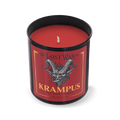 Red candle in a black container with 'Krampus' label on a white background