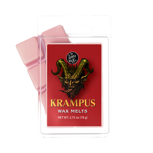 Krampus wax melts packaging with red label and creature design on a white background