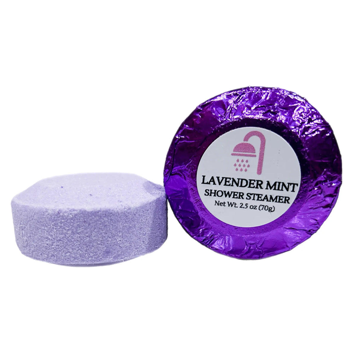 Purple shower steamer next to a wrapped "Lavender Mint" package