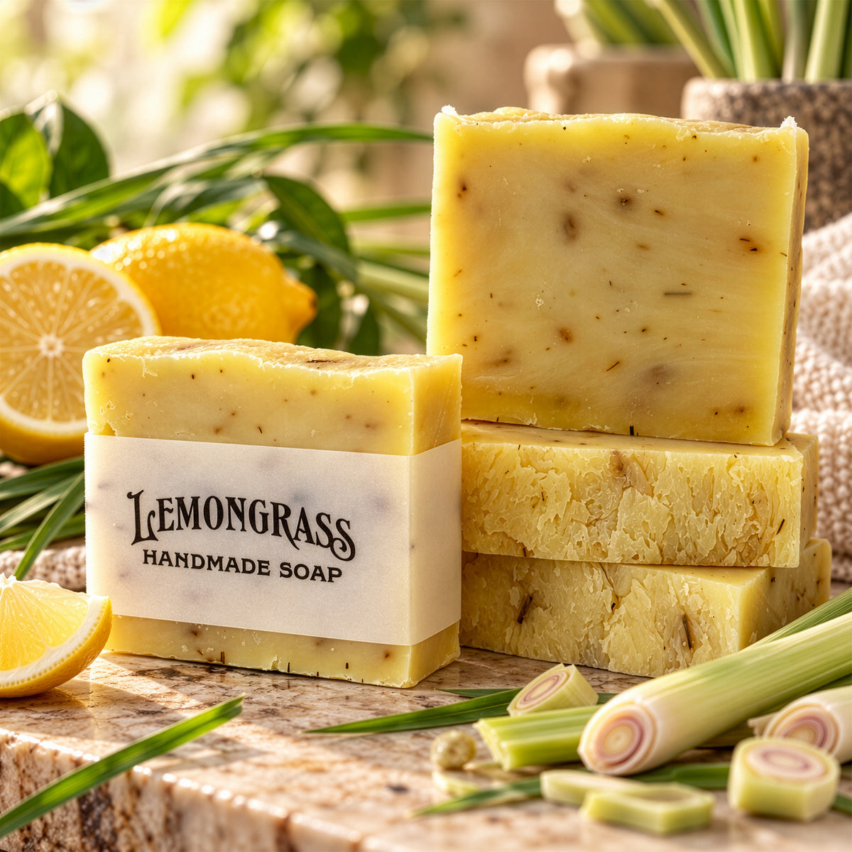 Four bars of handmade soap, with one wrapped in a white paper band reading 'LEMONGRASS HANDMADE SOAP,' displayed on a stone surface with lemongrass stems, lemons, and green leaves in a natural setting.