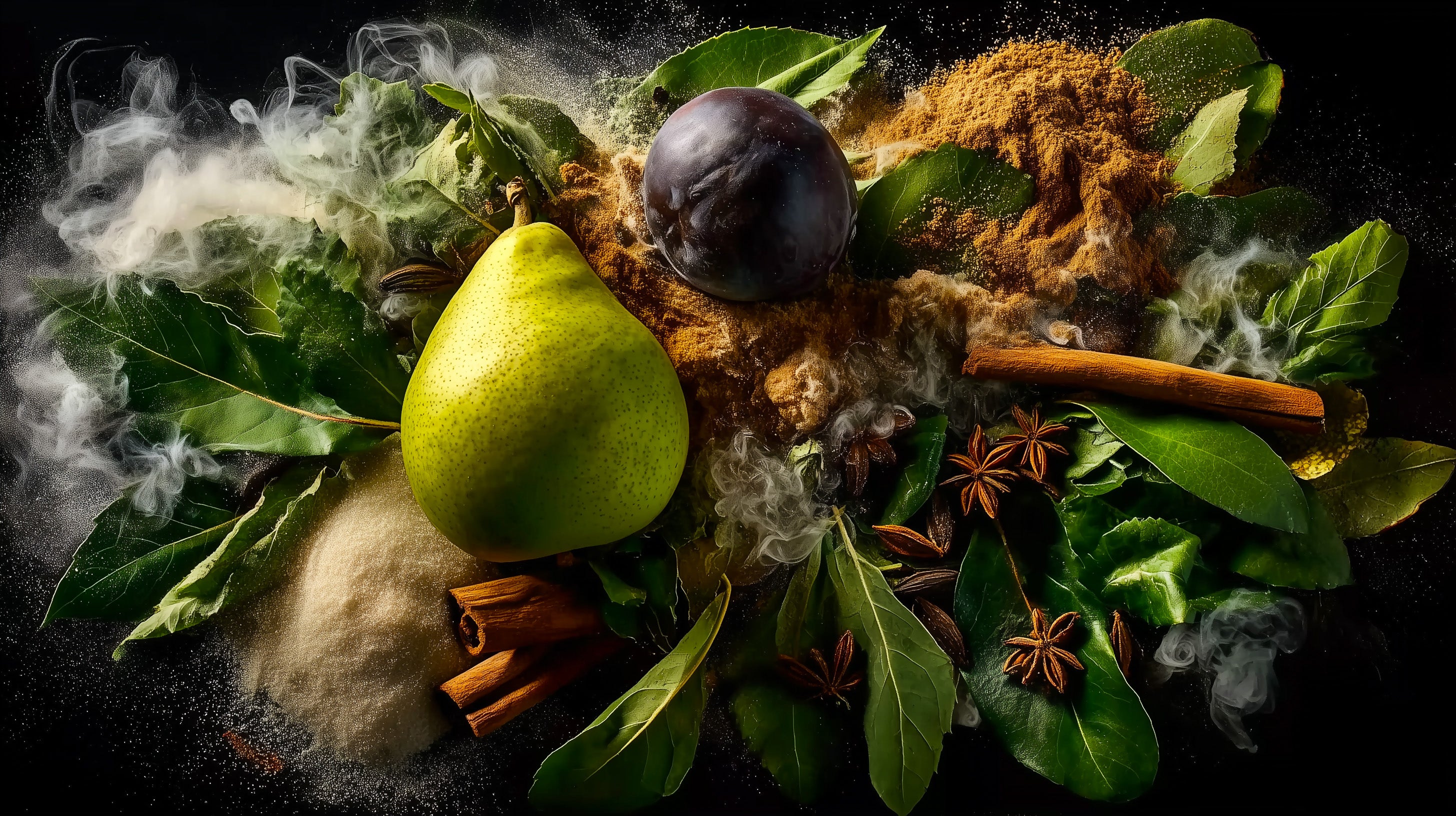 Spices, herbs, and a pear on a dark background with smoke effects