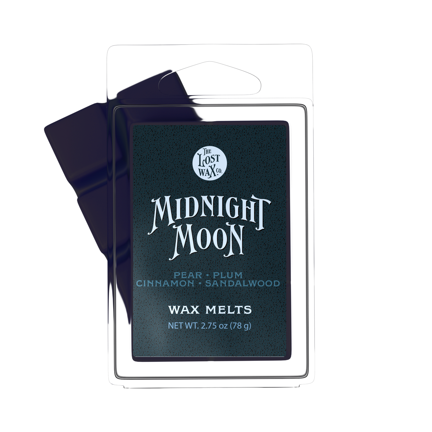 A package of Lost Wax Co. Midnight Moon wax melts, featuring a dark green label with white text inside a clear plastic clamshell container, with a dark purple wax melt bar partially visible behind it on a white background.
