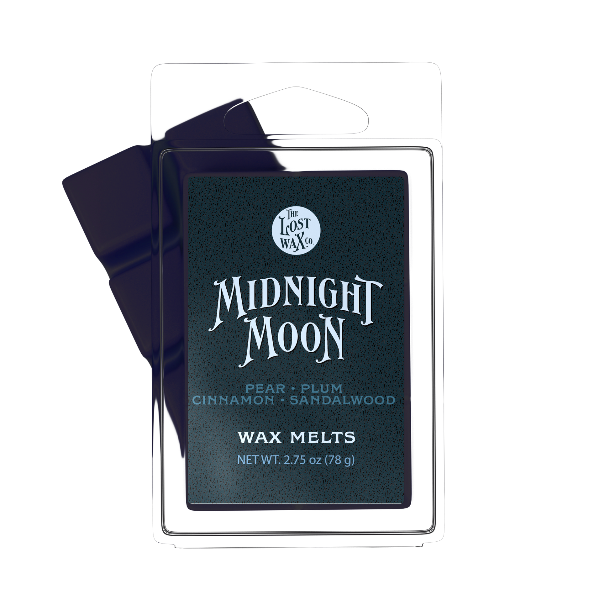 A package of Lost Wax Co. Midnight Moon wax melts, featuring a dark green label with white text inside a clear plastic clamshell container, with a dark purple wax melt bar partially visible behind it on a white background.
