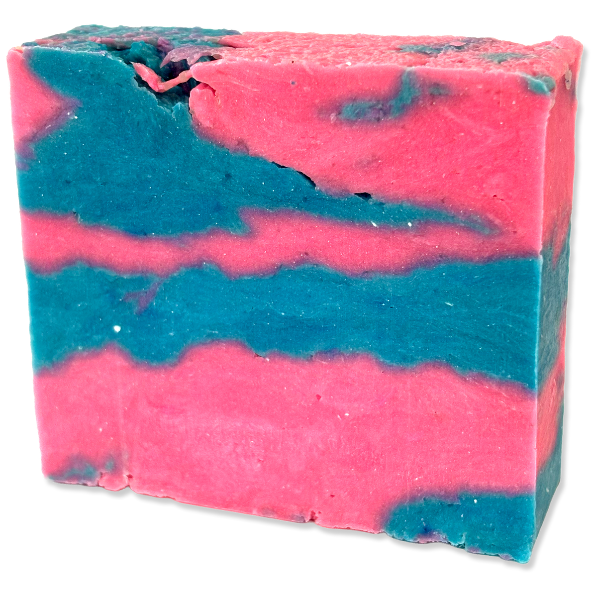 A rectangular bar of handmade soap with a marbled pattern of bright pink and teal blue, shown on a plain white background.