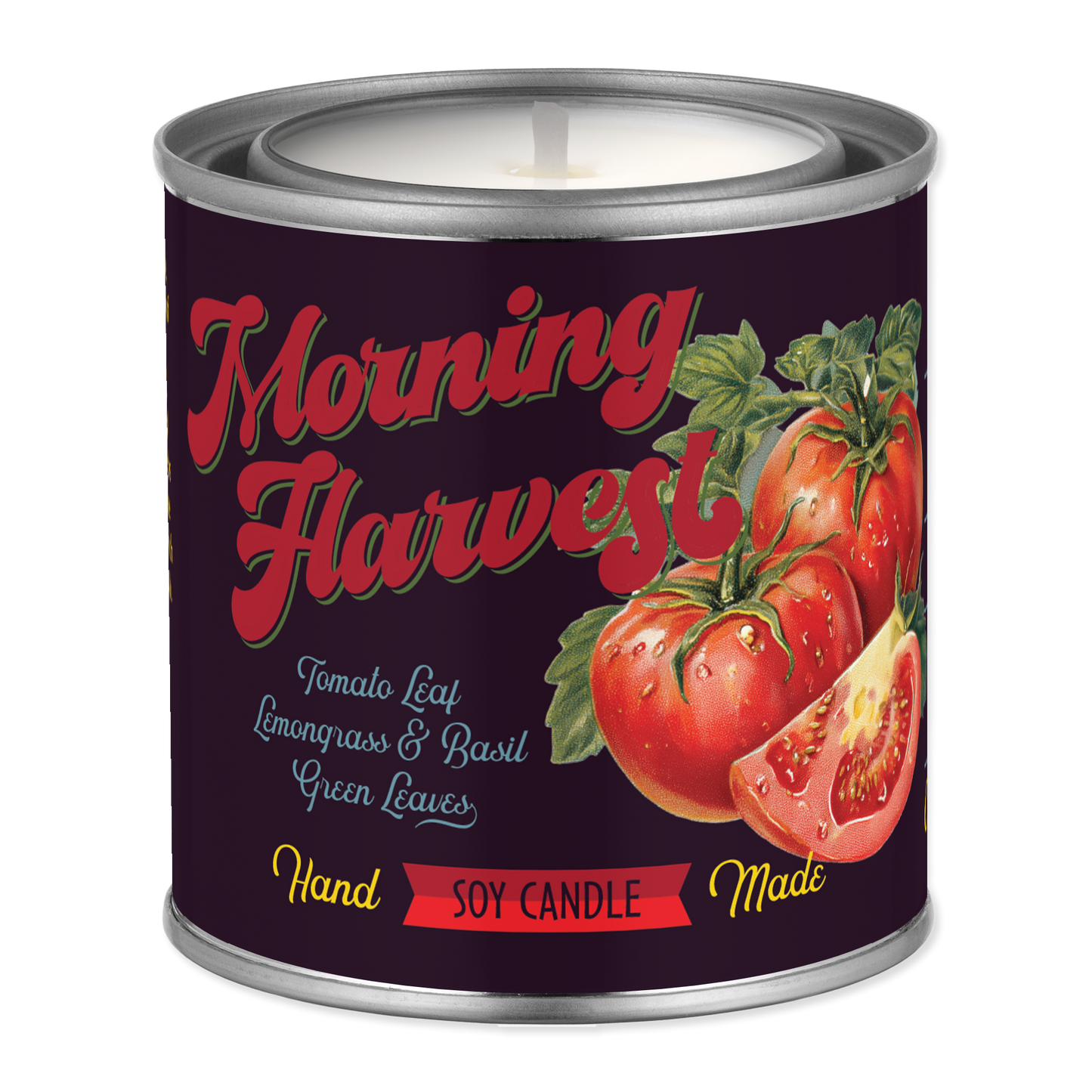 Candle tin labeled 'Morning Harvest' with tomato design on a white background