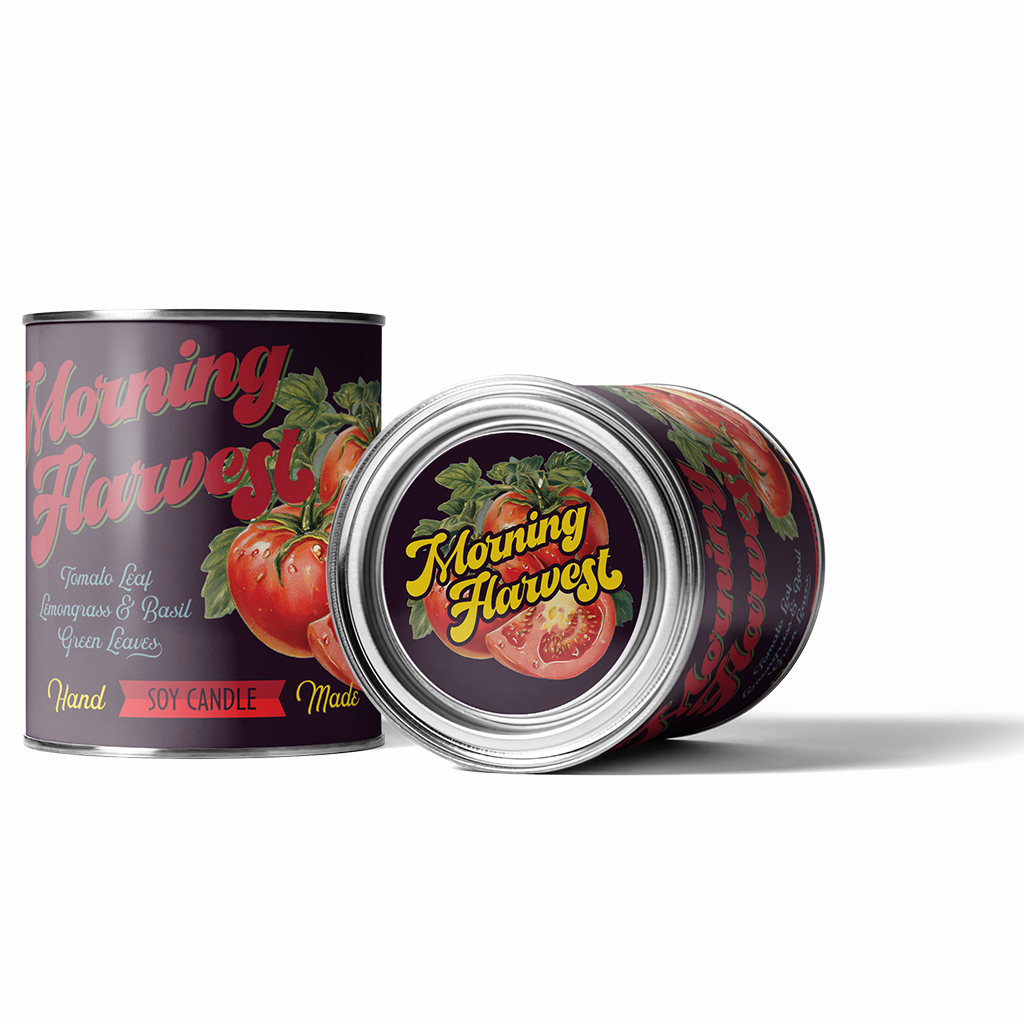 Morning Harvest candle tin with tomato design on a white background