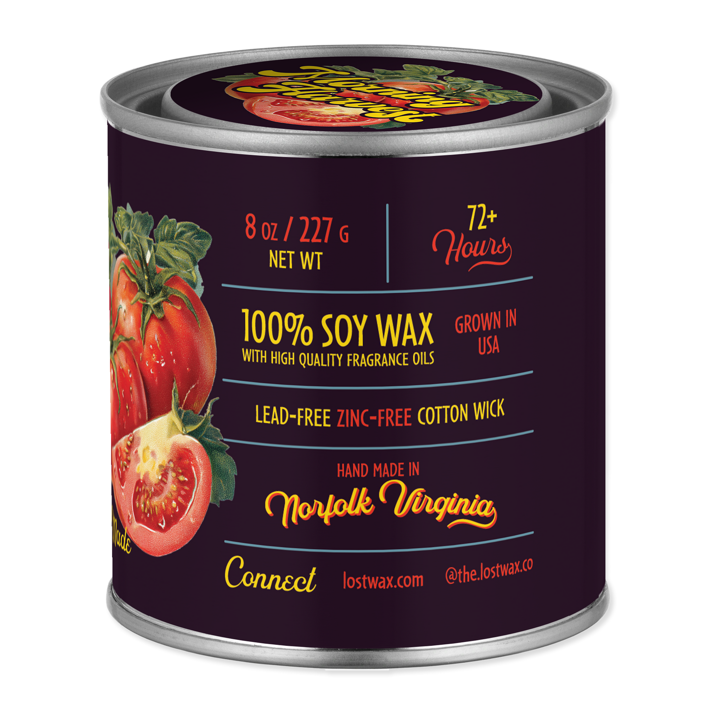 Can of soy wax with tomato design and text on a white background