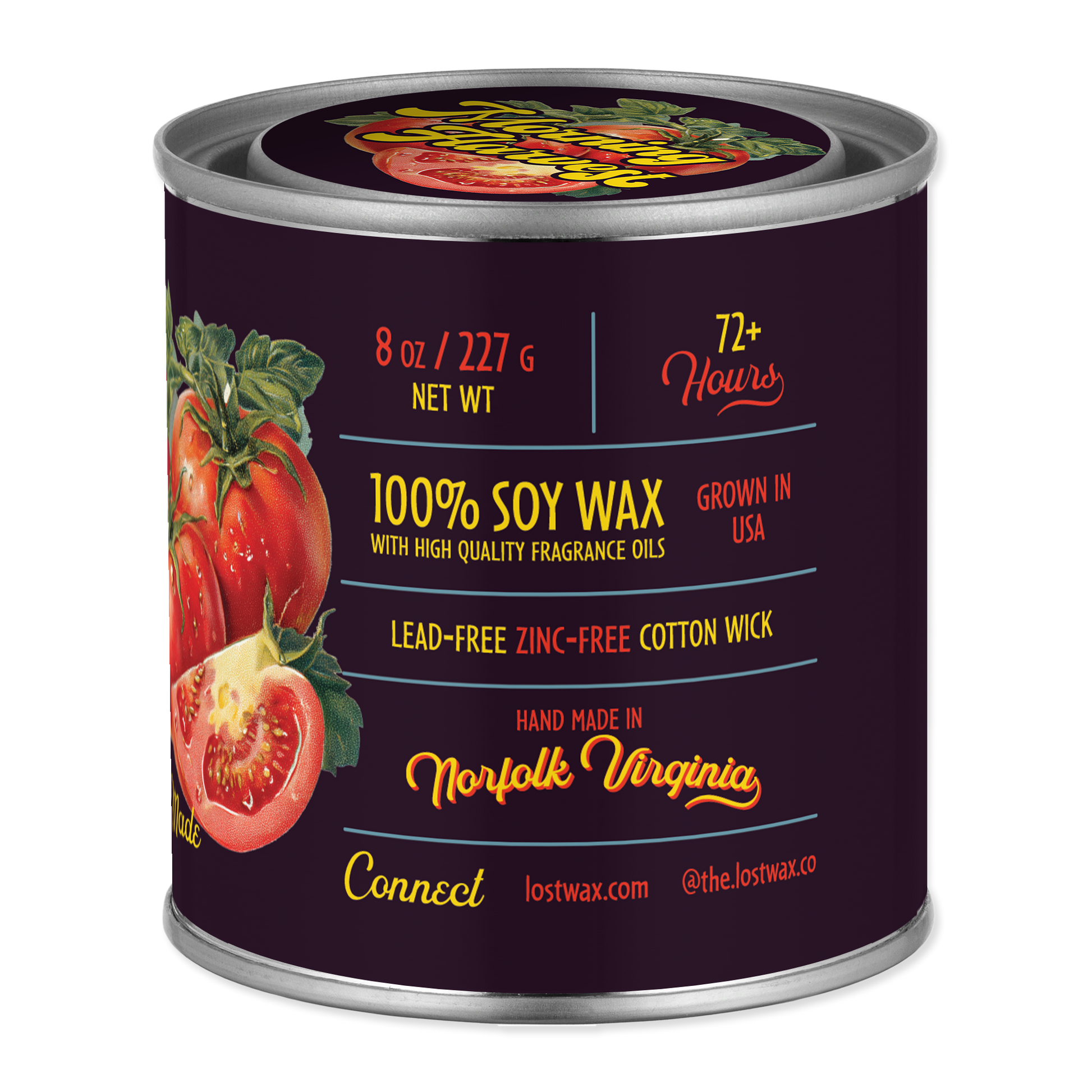 Can of soy wax with tomato design and text on a white background