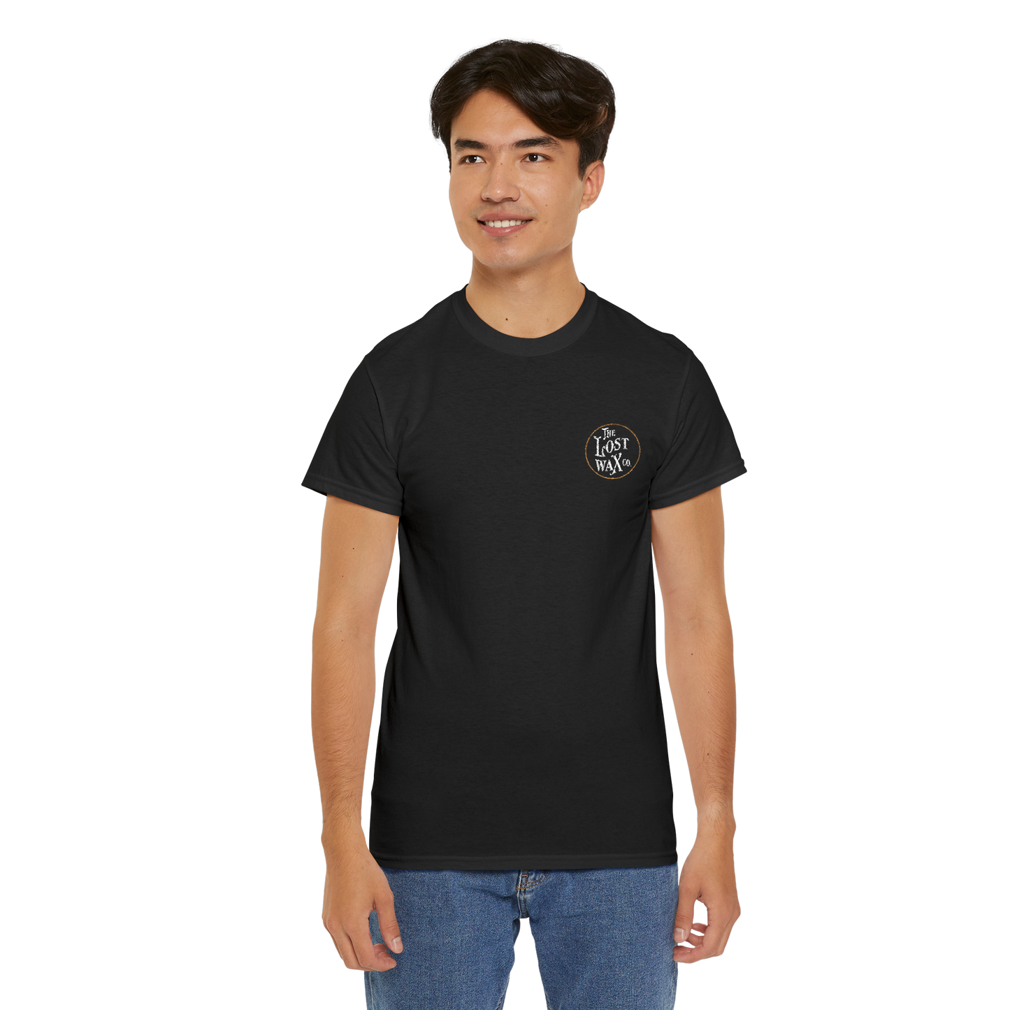 Person wearing a black t-shirt with a logo on a white background