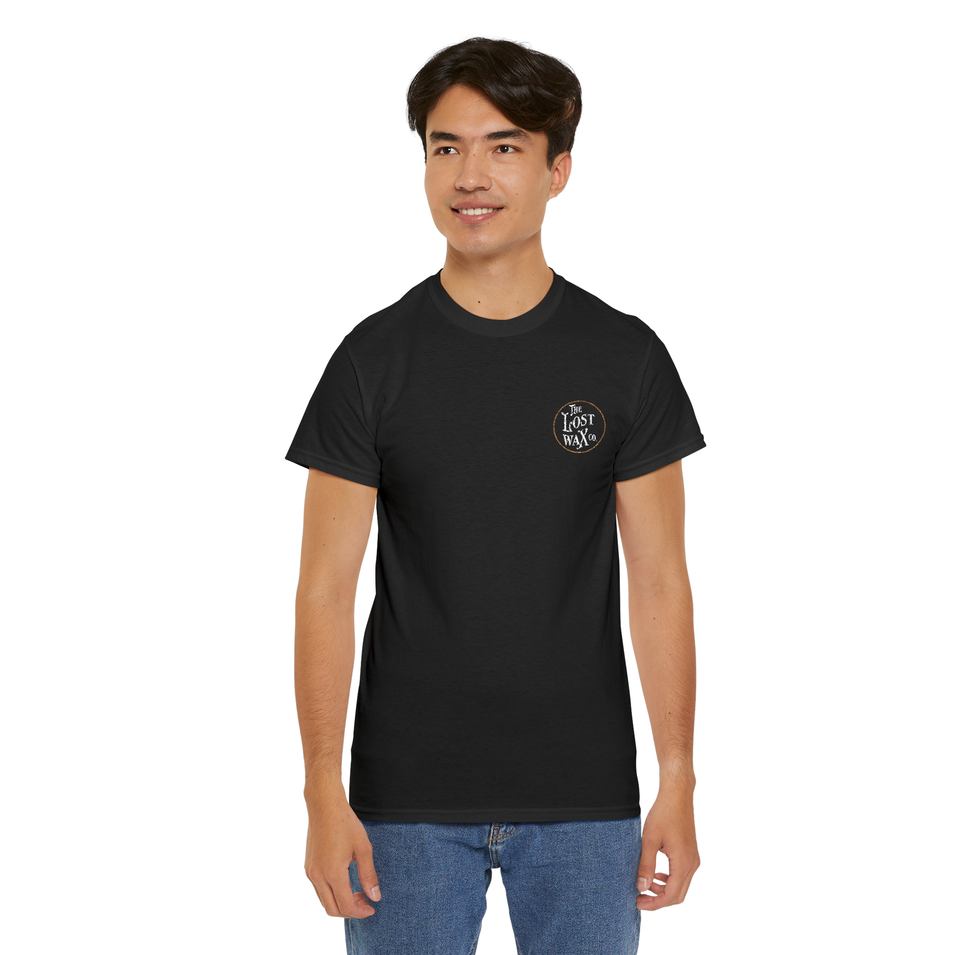 Person wearing a black t-shirt with a logo on a white background