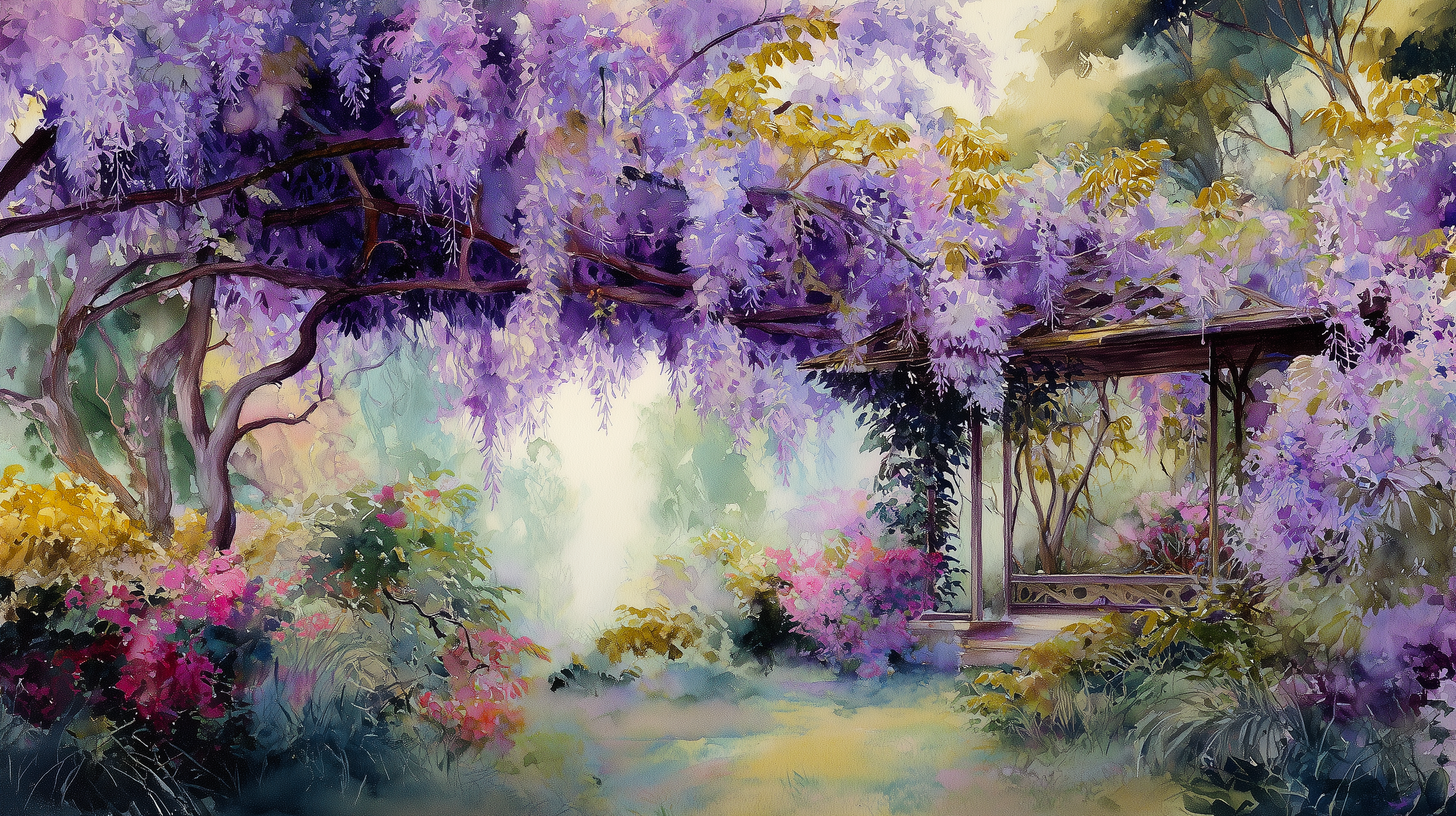 Painting of a garden with wisteria and a gazebo