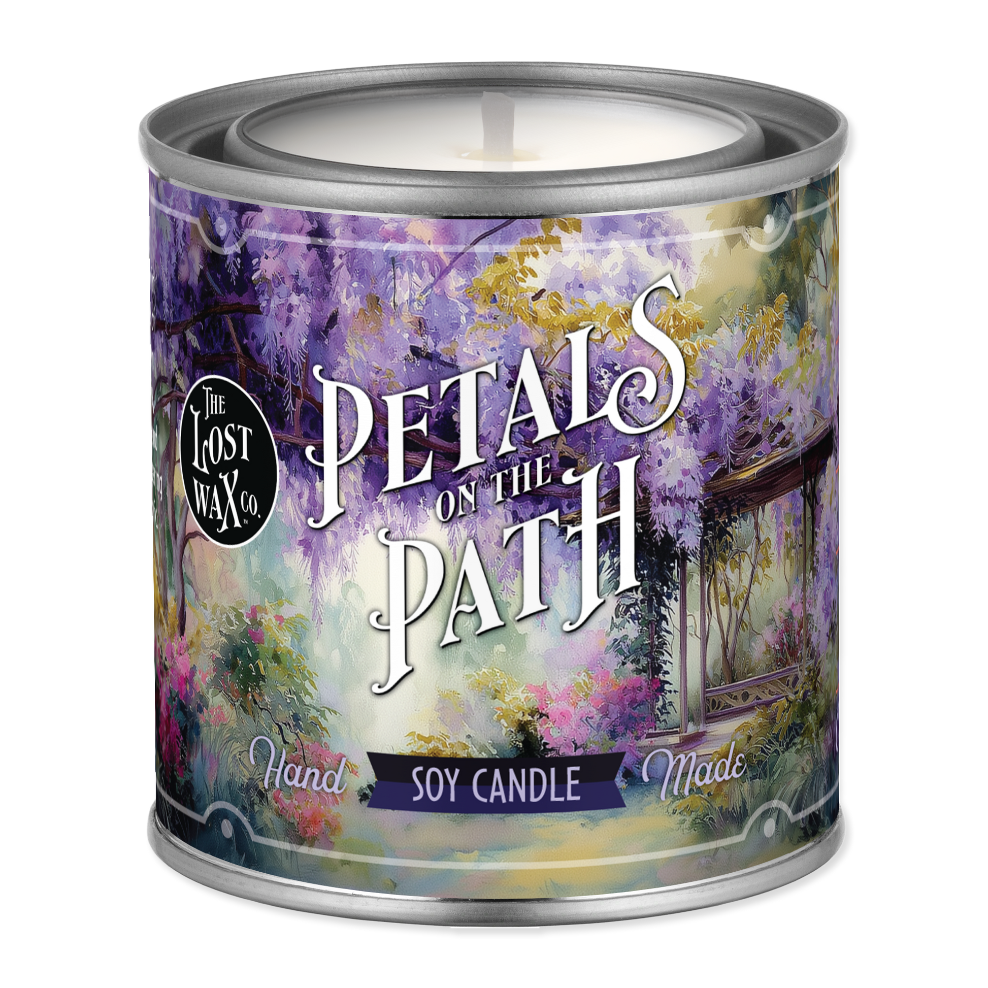 Candle in a decorative tin with 'Petals on the Path' design and 'The Lost Wax Co.' branding.