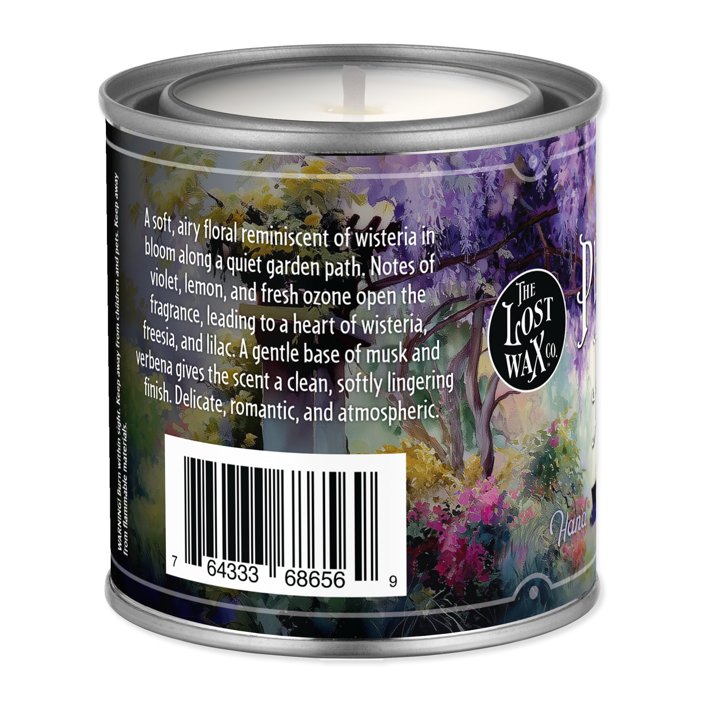 Candle in a can with a floral label and description on a white background