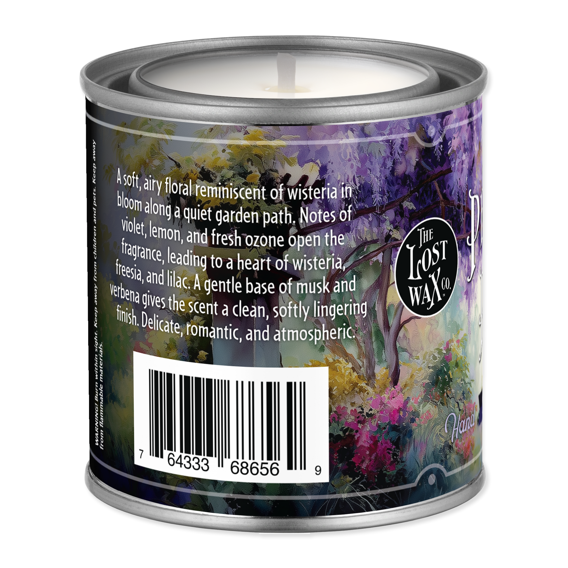 Candle in a can with a floral label and description on a white background