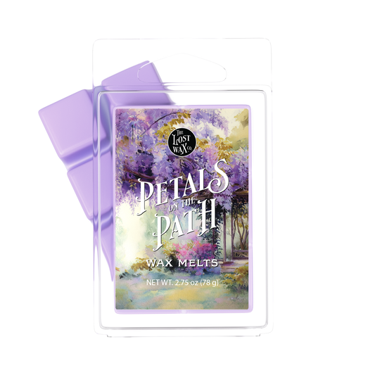 Wax melts packaging with floral design and 'Petals on the Path' text on a white background