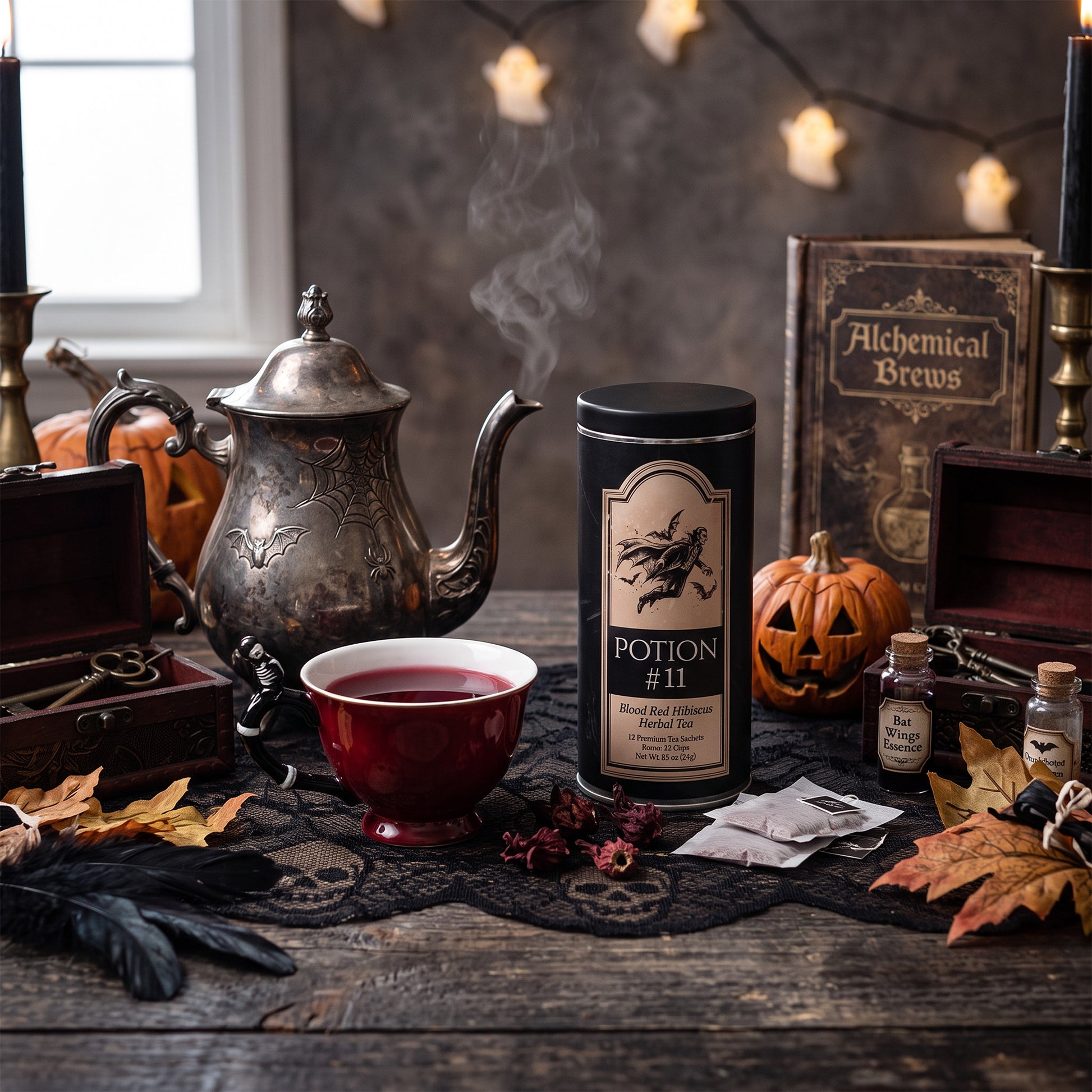 A styled tabletop scene for a Halloween-themed tea product. A black cylindrical tin labeled 'Potion #11' stands on a dark cloth beside a red teacup with steaming tea, a silver teapot, pumpkins, autumn leaves, small bottles, and an old book reading 'Alchemical Brews'.