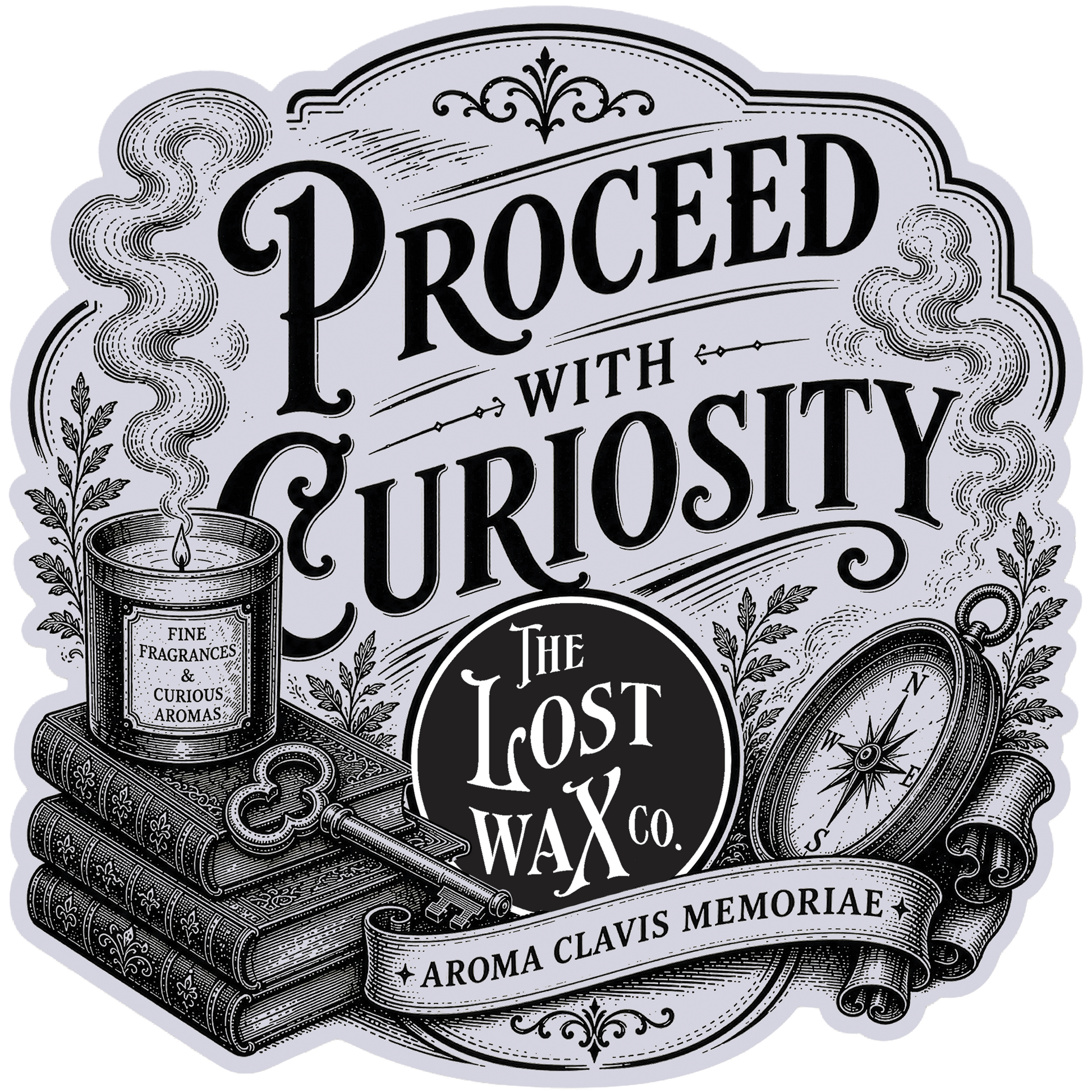 The Lost Wax Co. logo with text "Proceed With Curiosity" and the Latin phrase, "Aroma Clavis Memoriae" which means "Aroma is the key to memory" and illustrations of books, a candle, compass, and key.