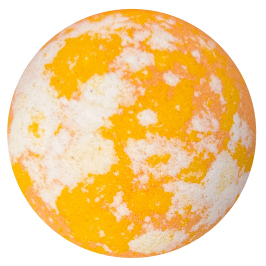 Yellow-orange and white mottled bath bomb.