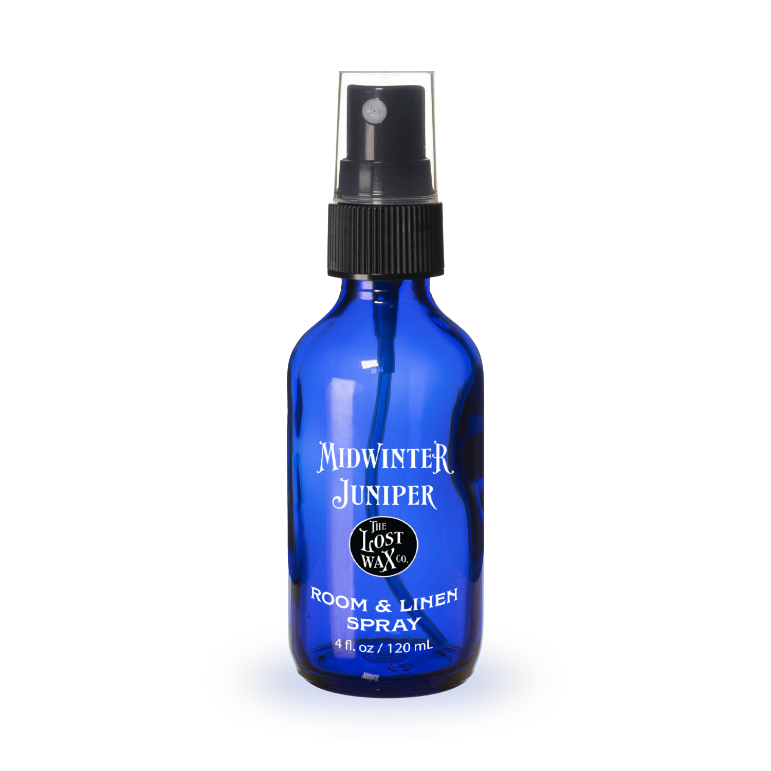 Blue spray bottle labeled 'Midwinter Juniper' on a white background