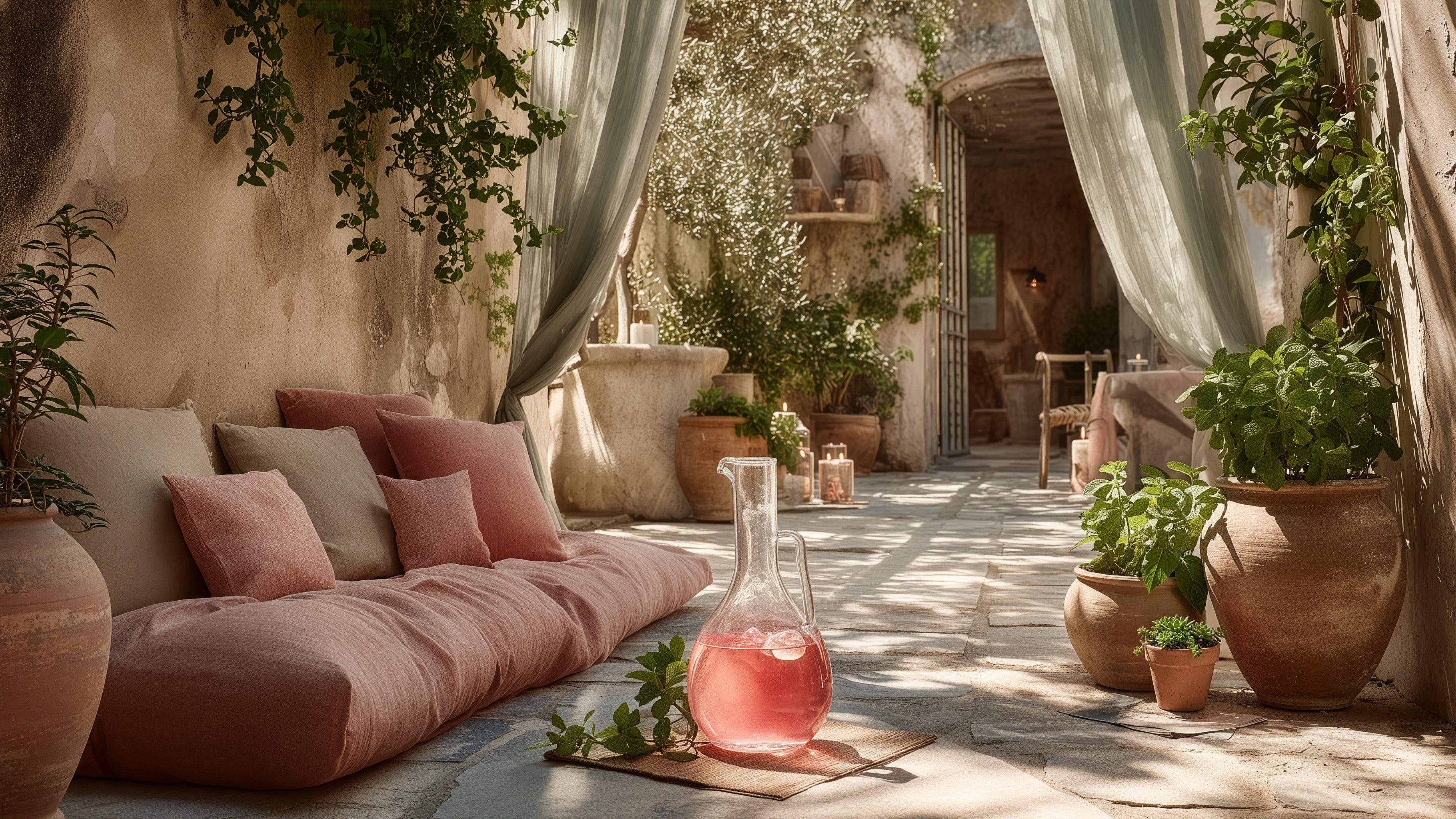 Mediterranean patio with potted plants, cushions and a large pitcher of a refreshing beverage.