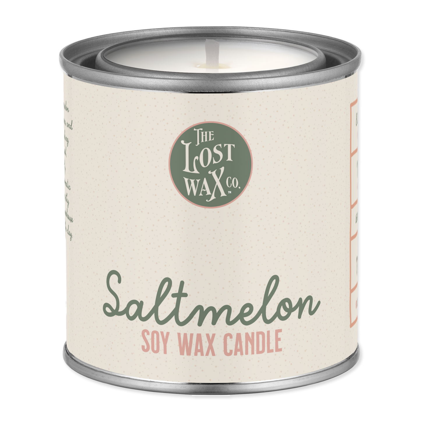Scented candle in a tin with 'The Lost Wax Co.' branding on a white background