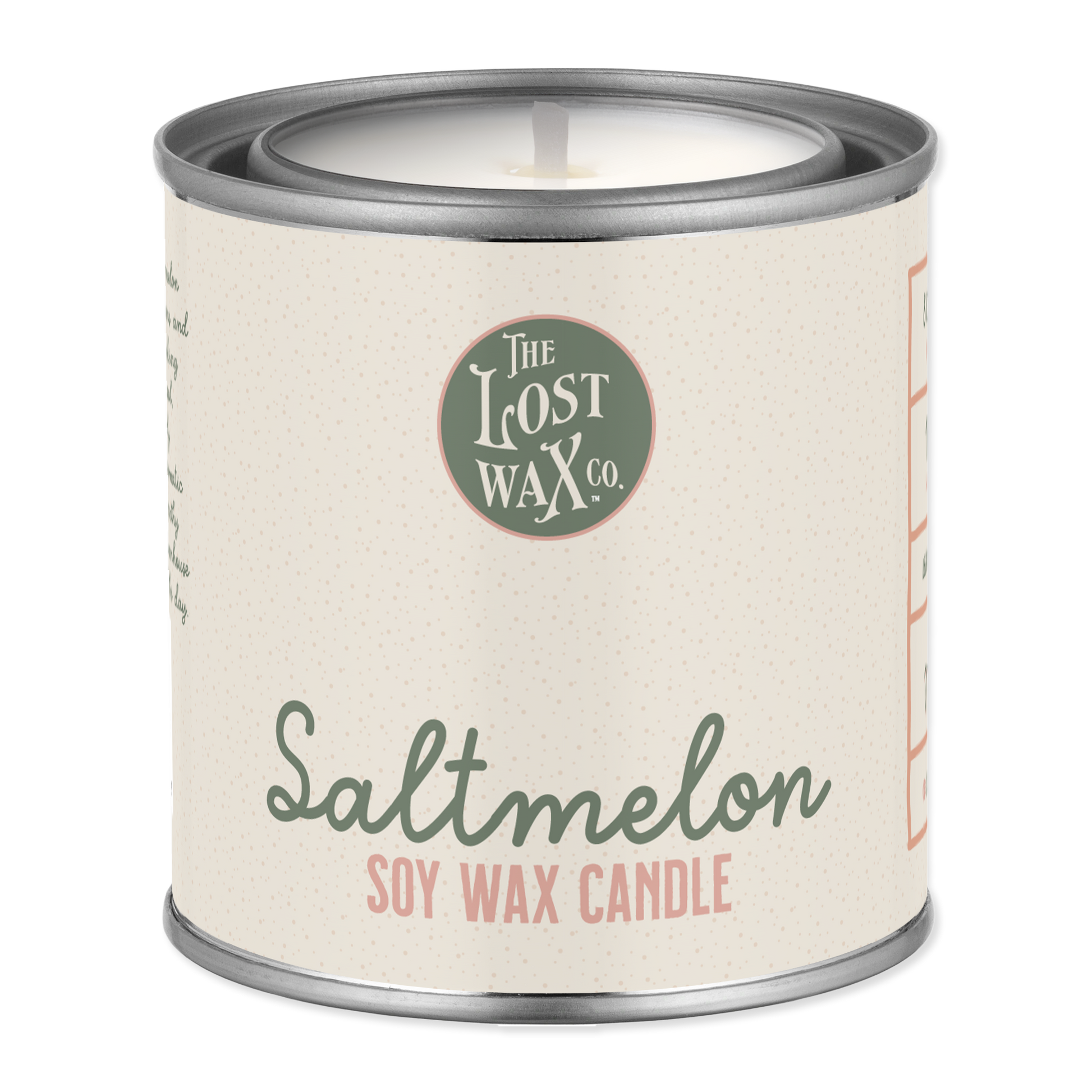 Scented candle in a tin with 'The Lost Wax Co.' branding on a white background