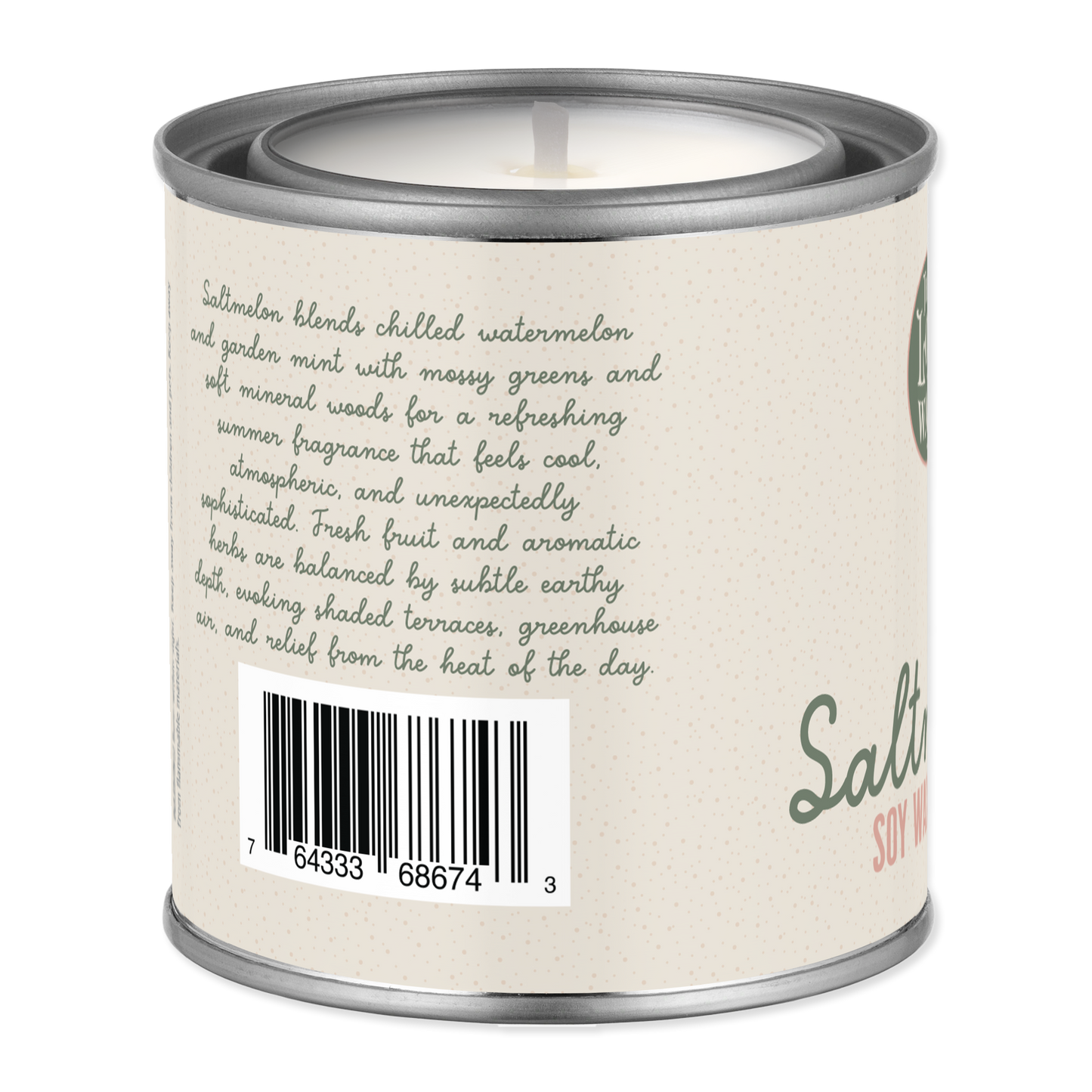 Candle in a tin with a label and barcode on a white background