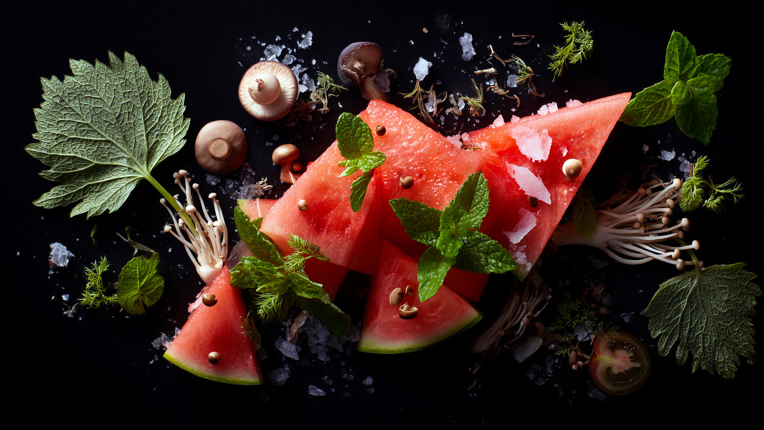 Watermelon slices with garnishes on a dark background