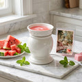 Kitchen countertop with wax melter, package of wax melts, and a plate of sliced watermelon and mint.