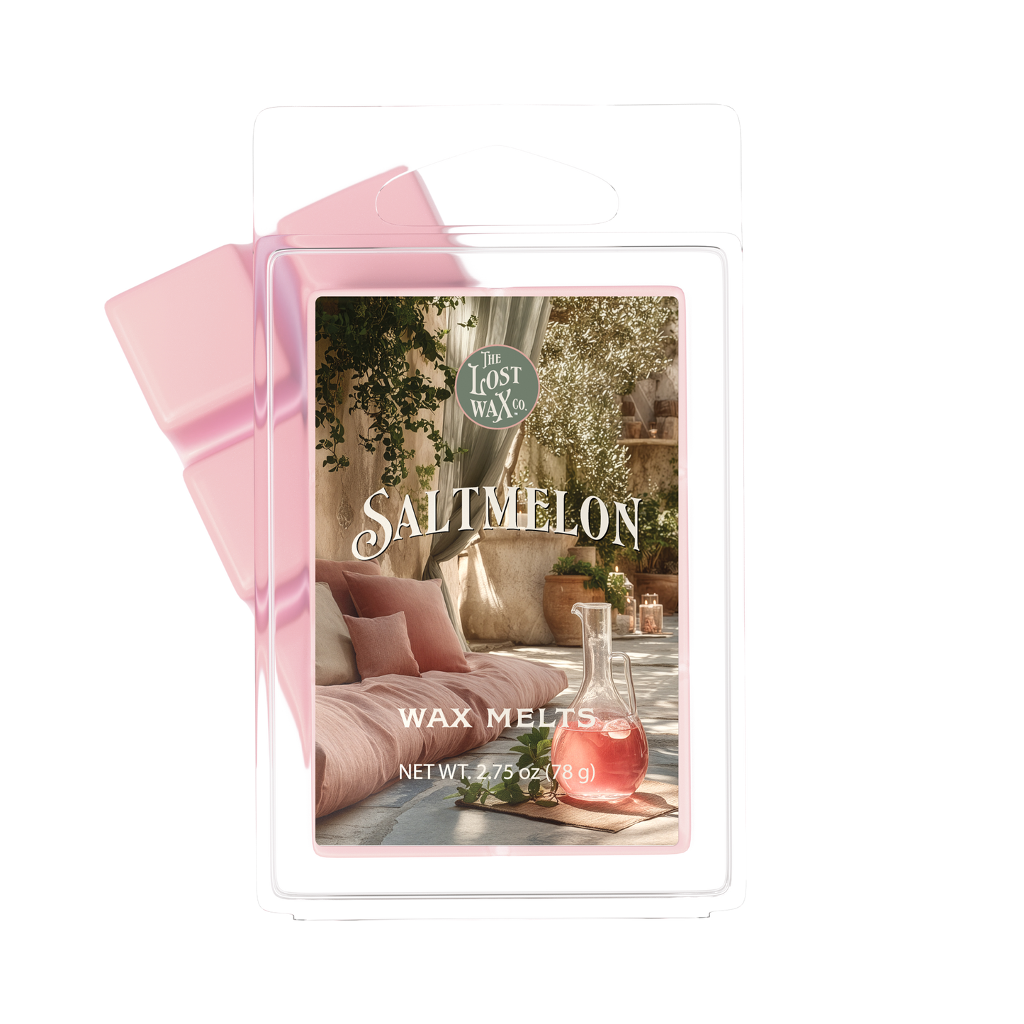 Saltemelon wax melt packaging with pink ribbon on a white background