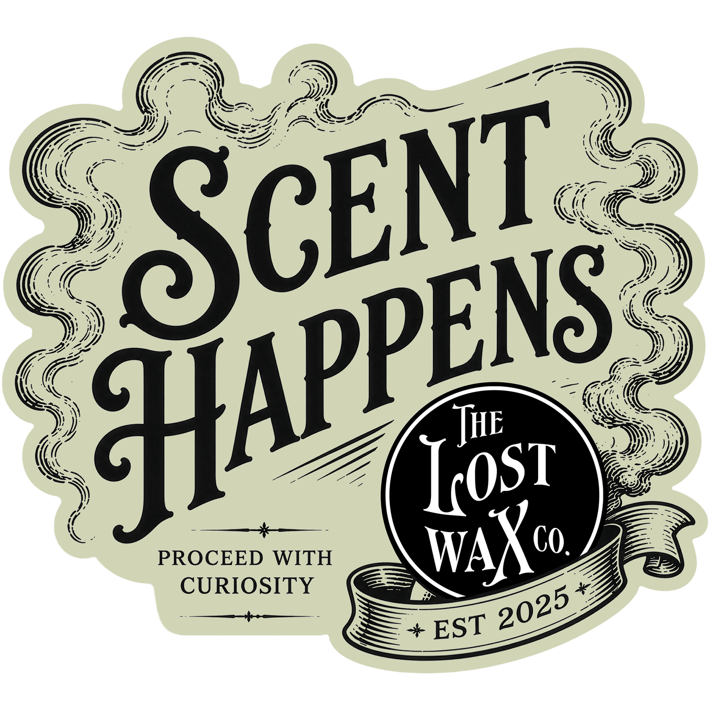 Logo of 'The Lost Wax Co.' with text 'Scent Happens' and 'Proceed with Curiosity'.