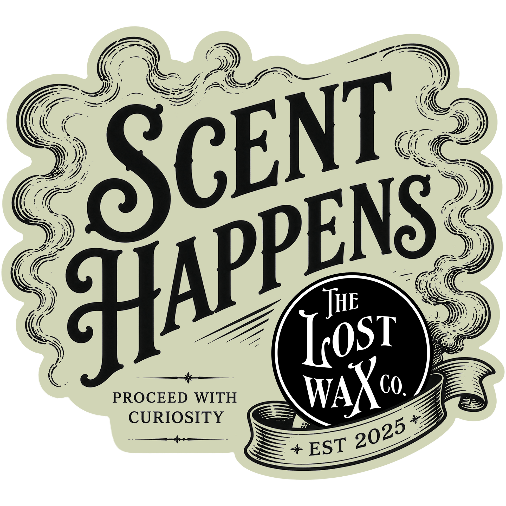 Logo of 'The Lost Wax Co.' with text 'Scent Happens' and 'Proceed with Curiosity'.