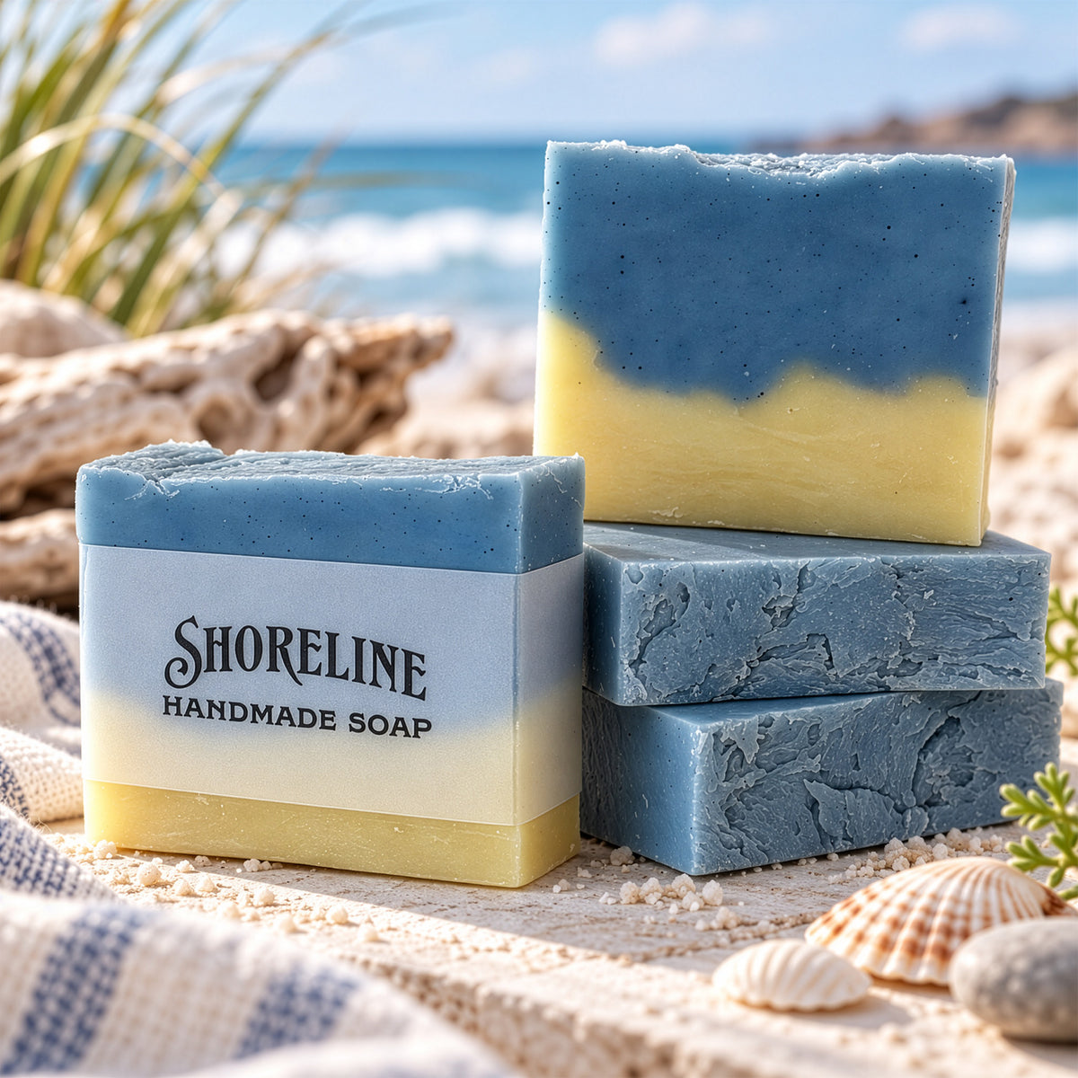 Four handmade soap bars with a blue-to-yellow gradient are arranged on a sandy beach with shells, driftwood, and the ocean in the background. One soap bar has a visible label reading 'SHORELINE HANDMADE SOAP'.