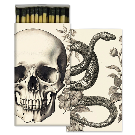 A matchbox-style match set with illustrated packaging: one box face shows a large skull, the other shows a coiled snake among flowers, and the top row of matches has black heads with pale yellow handles. No person, animal, or real environment is present, so this is Product/Packaging.