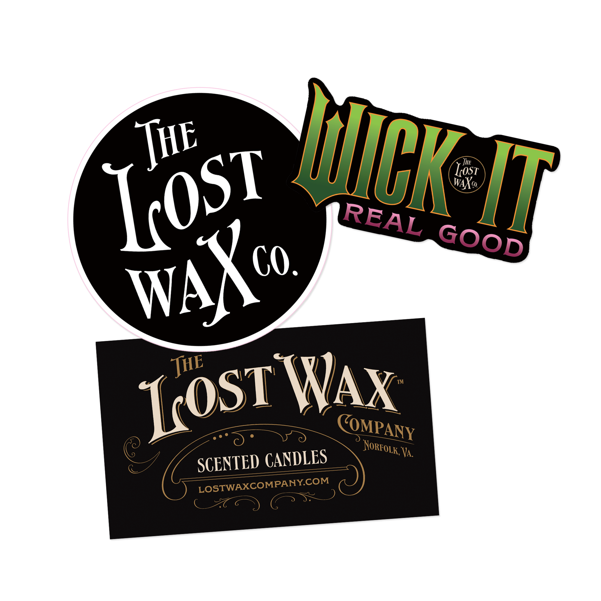 Logos and branding elements of The Lost Wax Co. on a white background